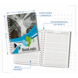 Caderno Capa Dura A5 200 folhas personalizado Capa Dura 155x215mm Miolo PB Laminação Wire-o 